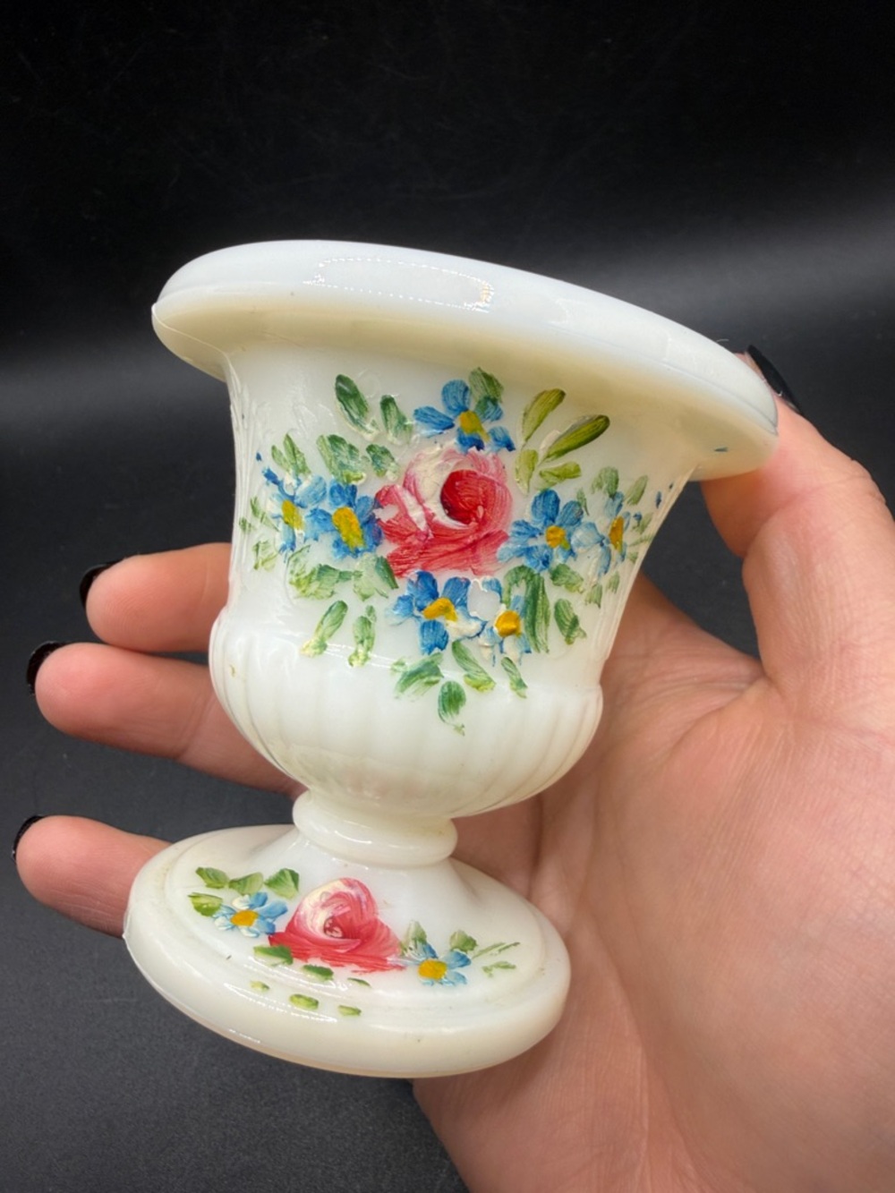 Vintage Hand Painted Floral White Milk Glass Urn Vase Vessel Cottagecore Decor - Picture 2 of 10